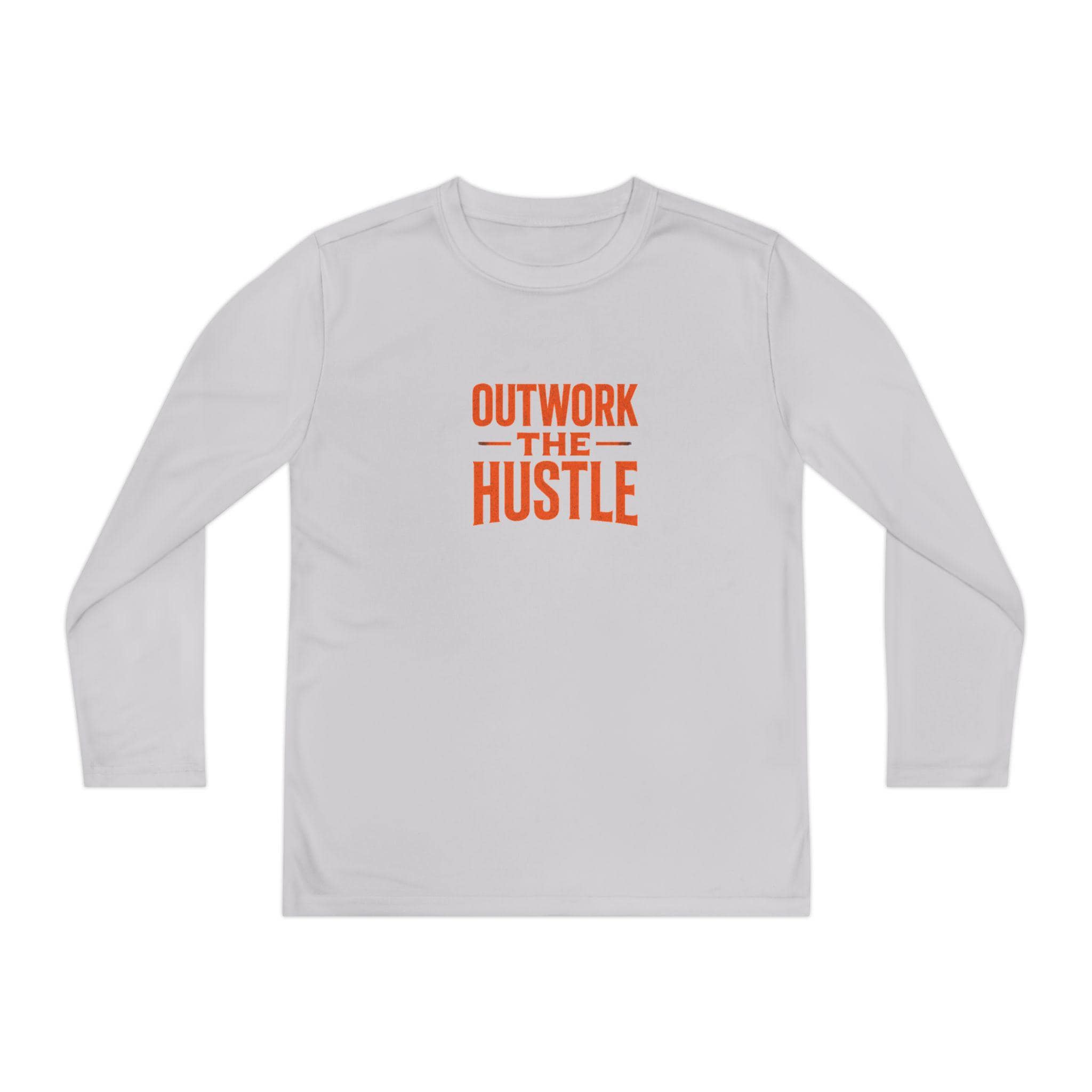 Outwork the Hustle Youth Long Sleeve Tee Moisture-Wicking in light gray with orange lettering.