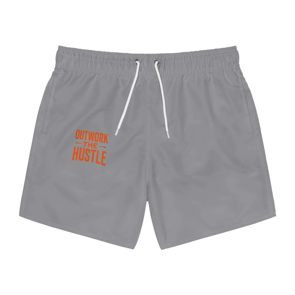 Outwork The Hustle Swim Trunks in gray with orange text, perfect for summer swimming and stylish beach days.