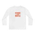 Outwork the Hustle Youth Long Sleeve Tee Moisture-Wicking on a white background, perfect for active kids.