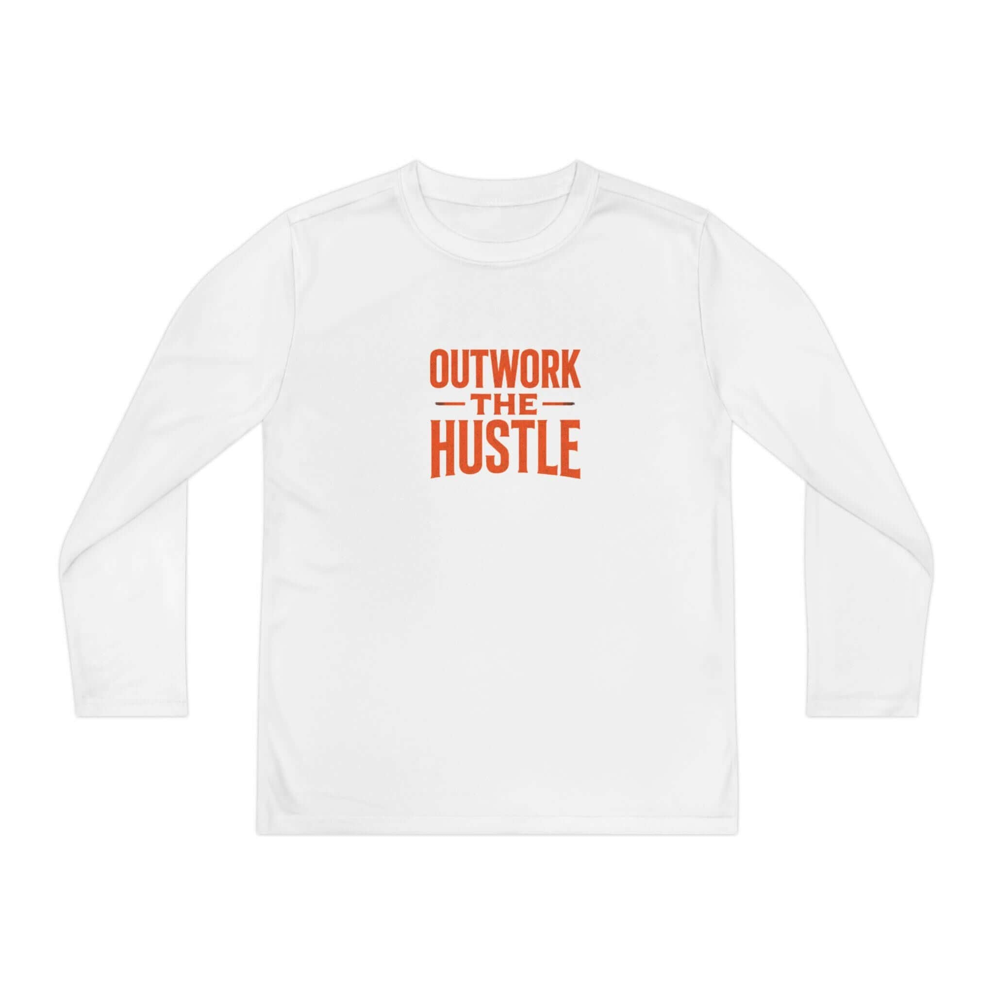 Outwork the Hustle Youth Long Sleeve Tee Moisture-Wicking on a white background, perfect for active kids.