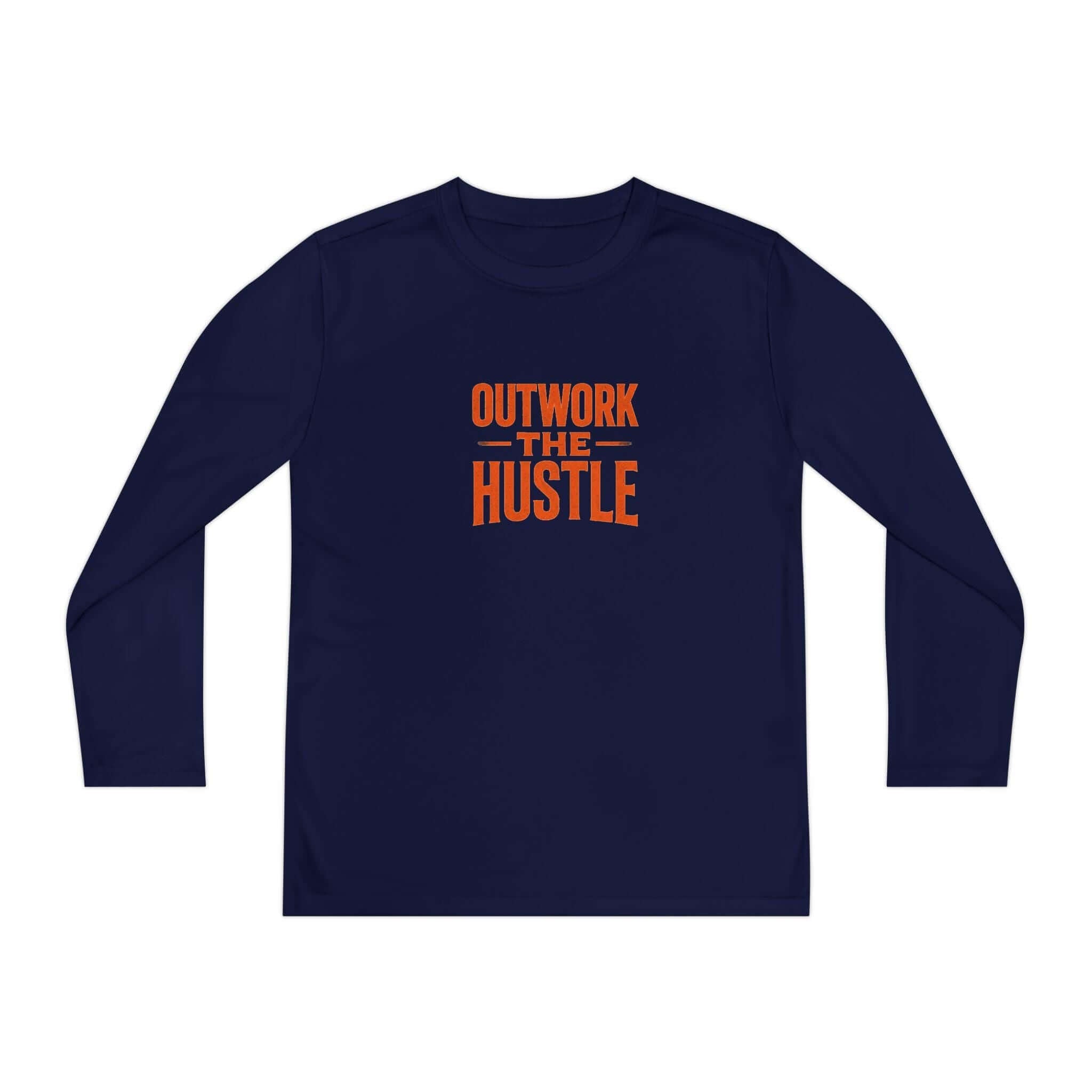 Outwork the Hustle Youth Long Sleeve Tee Moisture-Wicking in navy with orange text.